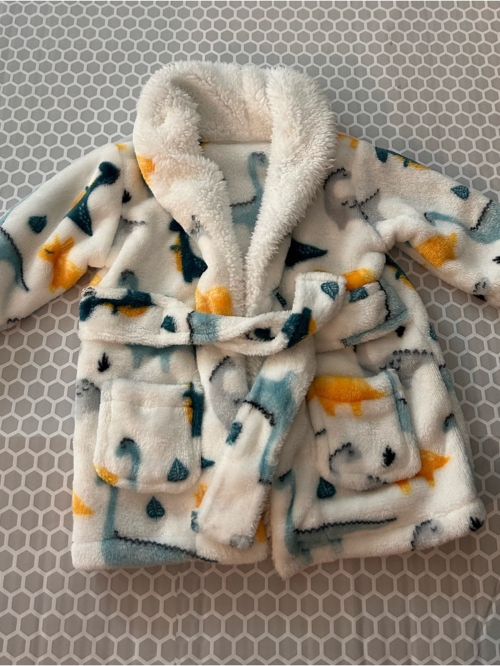 Plush Sherpa Baby Robe with Dino Print - White, Blue & Yellow. Size 0-6M